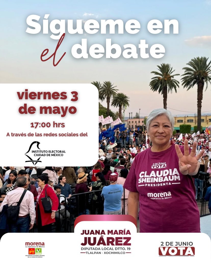 juanamariaJL's tweet image. Les invito a acompañarme en la transmisión del debate por la diputación local del #Distrito19 

Porque recogemos los sentimientos del pueblo ¡Vamos a ganar! 

#JuanaMariaDiputada
#Distrito19 
#DebateChilango
#Tlalpan
#Xochimilco