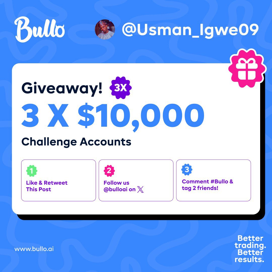 🚨GIVEAWAY ALERT 🚨 Let’s do a giveaway to celebrate 🎉 ‼️Rules: ➡️Follow @bulloai || @MattJamesAE || @callumbullo || @BirenFx and || @Usman_Igwe09 ➡️ Like this post, Repost ➡️ Comment #Bullo and tell us if you like our new domain 🤩 3 X $10,000 Challenges Giveaway!…