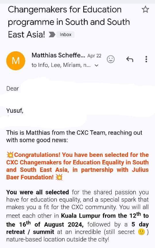 Honored to be selected for the Changemaker for Education Summit by @cmxchange in Kuala Lumpur! Excited to join forces with fellow social entrepreneurs advancing education in South and Southeast Asia. Let's make a difference together! 

#Changemaker #EducationSummit 🌍📚