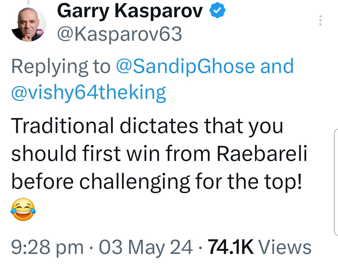 @Kasparov63 @SandipGhose @vishy64theking Rahul Gandhi Checkmated by Grandmaster Garry Kasparov 👏👏😂😂