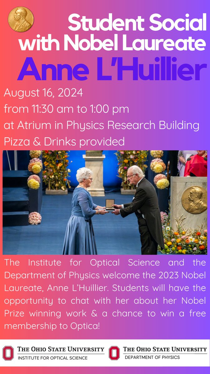 Institute for Optical Science at Ohio State (@ios_osu) on Twitter photo SAVE THE DATE 📅‼️ August 16, 2024
Join us for a Student Social with Nobel Laureate Anne L'Huillier 🤝🍕
<a href="/lunduniversity/">Lund University</a> #NobelPrize #NobelPrizeinPhysics SAVE THE DATE 📅‼️ August 16, 2024
Join us for a Student Social with Nobel Laureate Anne L'Huillier 🤝🍕
<a href="/lunduniversity/">Lund University</a> #NobelPrize #NobelPrizeinPhysics