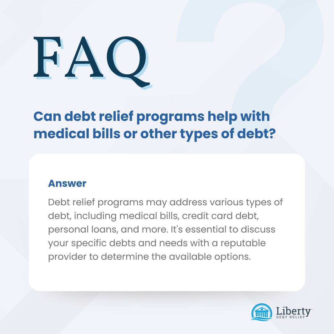 Debt relief programs can address a lot more than just credit card debt! 

To explore your options call us toll-free at (800) 756-8447 or visit us at libertydebtrelief.com today!

#DebtRelief #LibertyDebtRelief