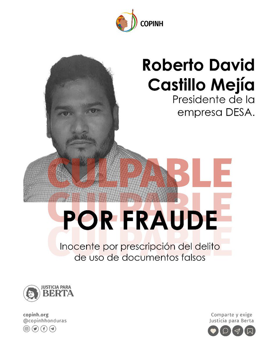 Finalizó la audiencia de Fallo en el #Caso #FraudeSobreElGualcarque. ❌3 personas fueron declaradas Culpables: - Roberto David Castillo Mejía: Gerente de la empresa DESA. / Culpable por fraude. - Carolina Lizeth Castillo Argueta: Ex-Funcionaria de la ENEE / Culpable por fraude.