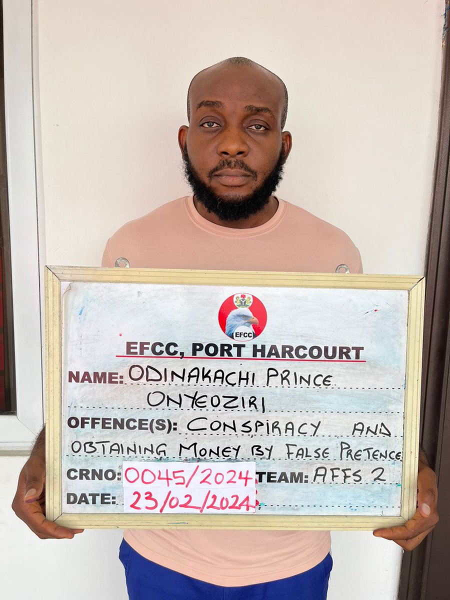 officialEFCC's tweet photo. Internet Fraudster Bags 7years in Port Harcourt

Justice P.M Ayua of the Federal High Court sitting in PortHarcourt, Rivers State has convicted and sentenced one Odinakachi Prince Onyeoziri to seven years imprisonment.

He was jailed after pleading guilty to three-count charge bordering on internet fraud contrary to Section 14 (1) of the Cybercrimes (Prohibition, Prevention etc) Act, 2015 and punishable under the same Section.

One of the count charges read: “That you, Odinakachi Prince Onyeoziri, and Solmyr (at large) between June 2021 to November 2022 within the jurisdiction of this Honourable Court knowingly caused your victim's loss by inputting or suppressing data in computers thereby benefitting the aggregate sum of $3000 (Three thousand United States Dollars) and thereby committed an offence contrary to section 14(1) of the Cybercrimes (Prohibition, Prevention, etc) Act, 2015 and punishable under the same Section”

He pleaded "guilty" to the charges when they were read to him.

In view of his guilty pleas, prosecuting counsel, I. Agwu sought to review the facts of the case through the investigating officer,  Abalaka Stephen, an operative of the Commission. While being led in evidence, he told the court that the defendant was arrested by operatives of the Commission following a written petition by the Federal Bureau of Investigation, FBI, against the defendant for alleged internet fraud activities. He was thereafter apprehended sometime in February, 2024 at Owerri, Imo State.

Testifying further, he told the court that the defendant in his voluntary statement to the EFCC, confessed to being into internet fraud, spreading of computer viruses, spamming and also causing his victims losses by inputting data in computers.  He confessed to benefiting an aggregate sum of Three Thousand United States Dollars ($3,000) by representing himself to unsuspecting victims as different individuals

Agwu, thereafter, sought to tender in evidence, the statements, and all the items recovered from the defendant. The court thereafter admitted the evidence and were marked as exhibits.

Thereafter, the trial judge declared him guilty as charged.

Defence counsel, B. Onuoha, on the other hand, prayed the court for leniency. He appealed to the court to temper justice with mercy, considering his status as a first-time offender, and remorse for his actions.

Justice Ayua sentenced him to seven years imprisonment cumulatively with Three Million Naira (N3,000,000.00) as an option of fine payable into the Consolidated Revenue Account of the Federal Republic of Nigeria.

In addition, the judge ordered that, items recovered from the convict, two laptops, a mobile device, Toyota Highlander with Registration: NKR 736 AA, two-storey buildings containing six units of two-bedroom flats should be forfeited to the Federal Republic of Nigeria. Additionally, the convict shall depose an affidavit of good behaviour before the court.