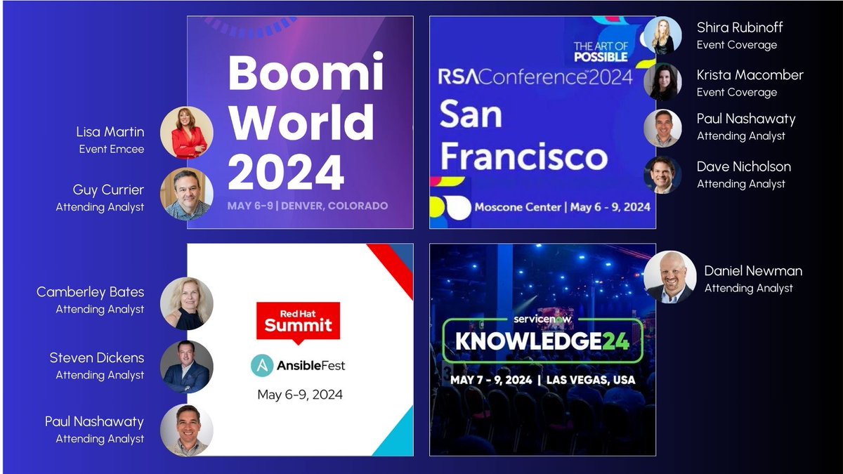 Where will you see the TFG team this week? At these major industry events: 🔹 #BoomiWorld with Emcee @LisaMartinTV 🔹 @HelloKnowledge Knowledge24 🔹 @RedHatSummit #AnsibleFest 🔹 @RSAConference 2024 Who to look for 👀: @danielnewmanUV, @MasSubestimado, @Shirastweet,…