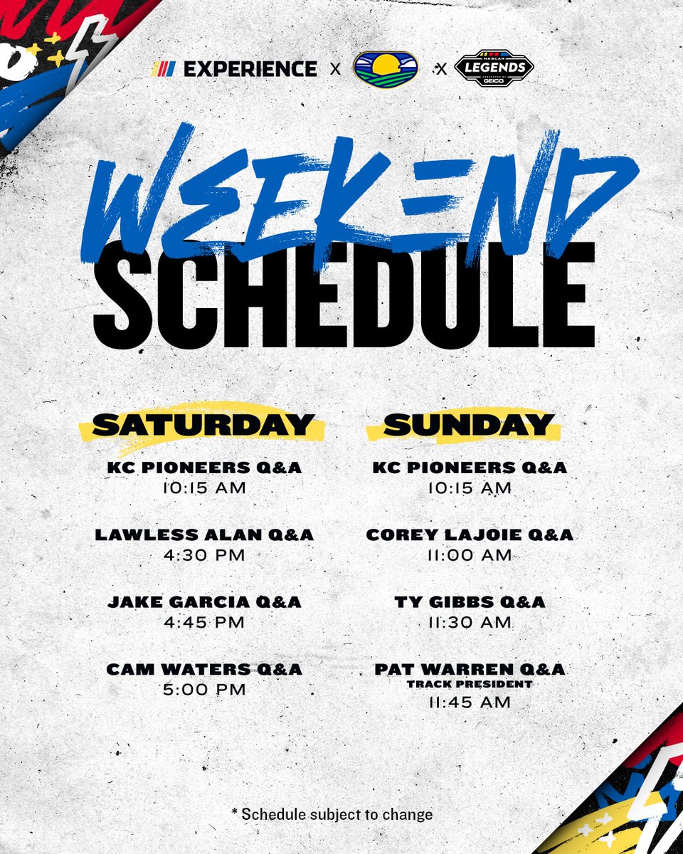 Heading to @kansasspeedway this weekend? Stop by the NASCAR Experience stage in the Midway to check out these Q&A's and other cool programming!
