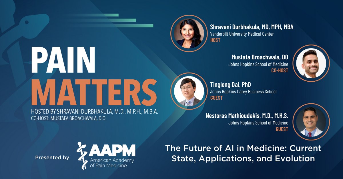 How is AI reshaping patient care in pain medicine? Find out in our new podcast episode where @Shravanid_md @mbroach4 & experts @TinglongDai & @NesMathioudakis discuss the integration of AI in clinical settings, its challenges & what lies ahead. Tune in: painmed.org/ep-29-the-futu…