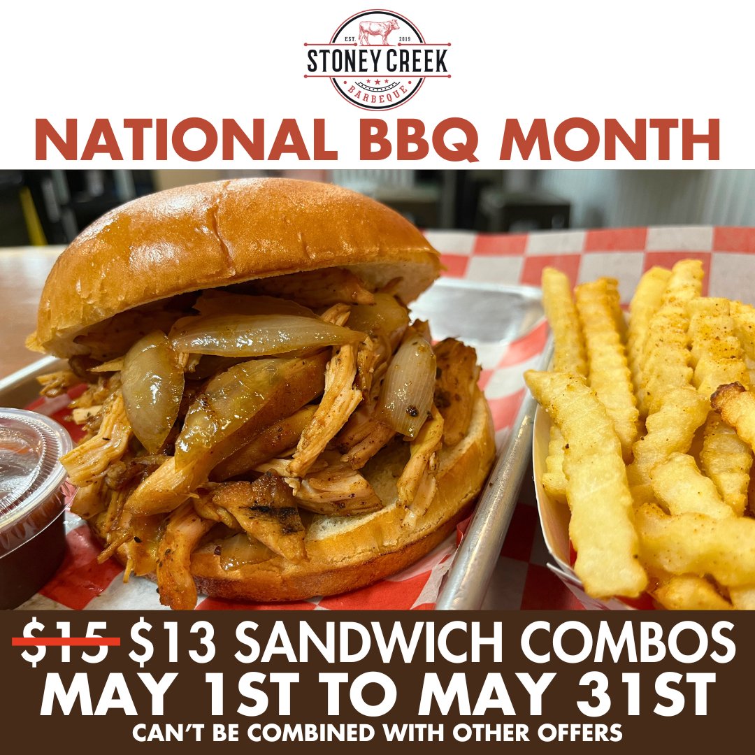 It's National BBQ Month! To celebrate, we're taking $2 OFF ALL of our Sandwich Combos! Get a delicious Chicken Sandwich with a side and a drink for only $13!!!

#StoneyCreekBBQ
#Porterville
#BBQ
#NationalBBQMonth
#ChickenSandwich
#LowAndSlow
#WorthTheDrive