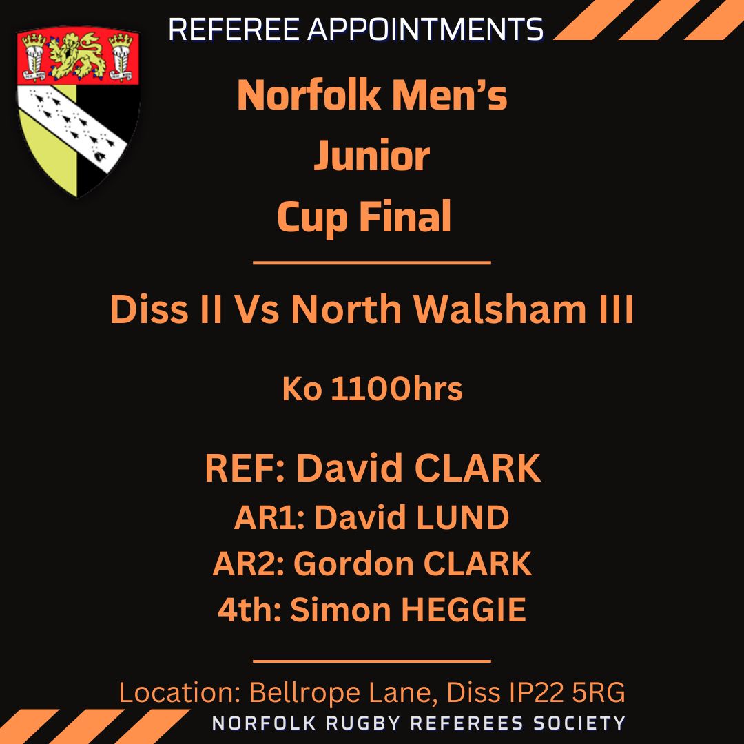 Here we have it. Referee appointments for Saturdays finals day.

Good luck to all referees involved.  

#NorfolkBigWeekend #keepyourbootson #NRURS #Norfolkrefs