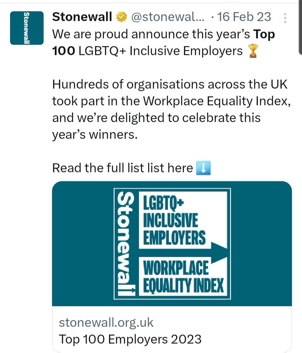 Where is this year's Stonewall Top 100 Employers? The list came out in early February on 2023.