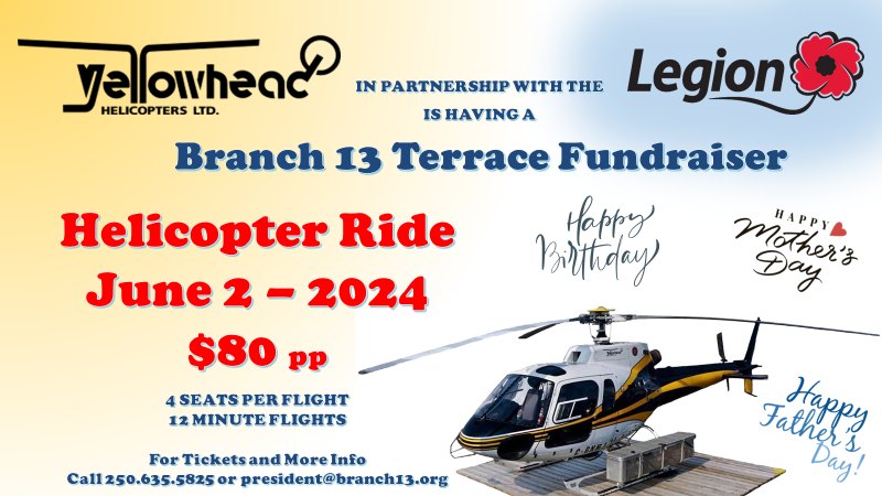 We're doing it again! You loved it last year, so the Legion brought it back for this year! Bell 206 helitours, tickets are on sale now &amp; limited quantities. Contact the Terrace Legion to buy. #terracebc #canadianlegion #fundraising #helitours