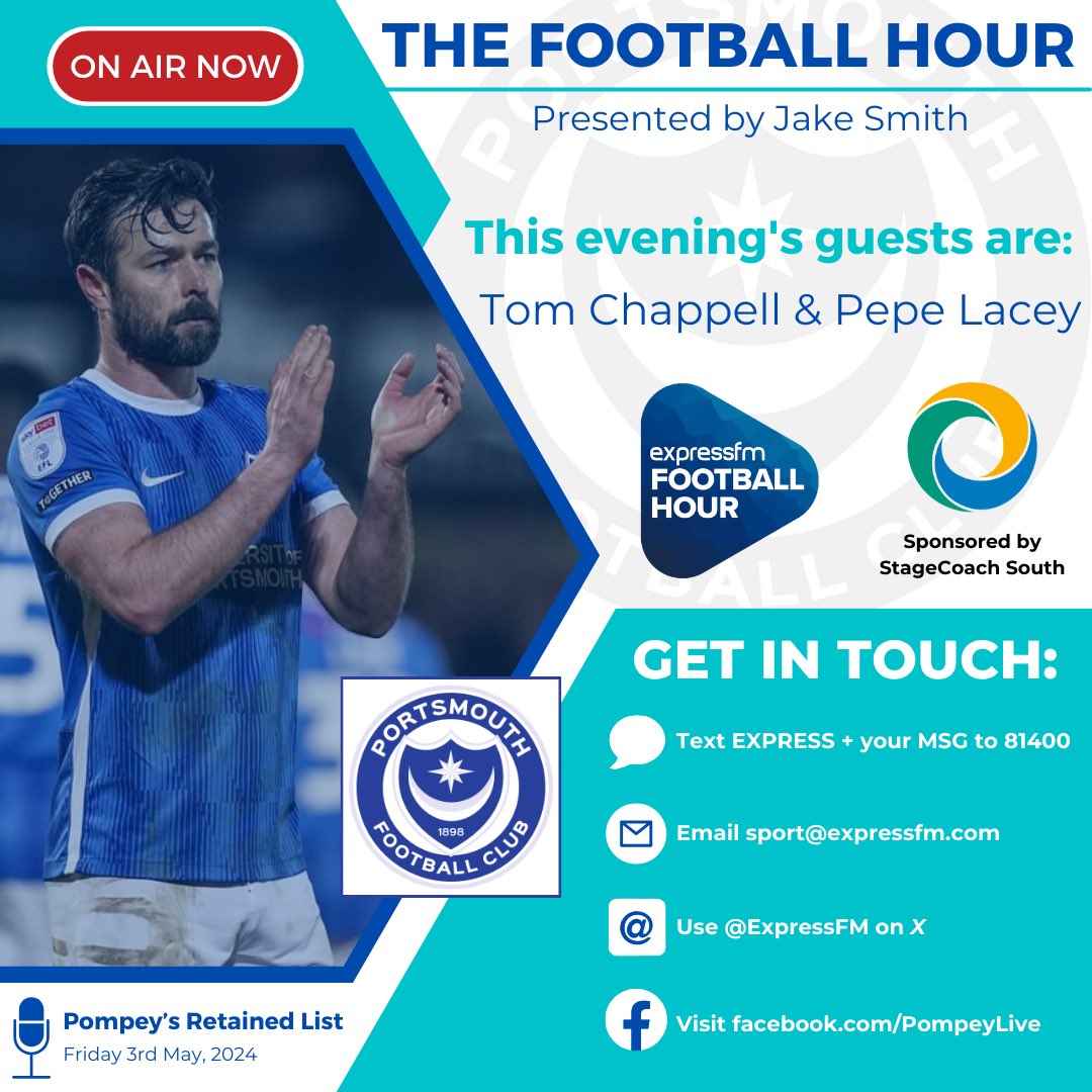 • The Football Hour ~ ON AIR • On this evening’s show we discuss player departures, the final #LeagueOne table & the upcoming Play-Offs! 💬 #Pompey’s Retained List 👥 @officialfournil & @pepe_lacey 📻 93.7 @ExpressFM 📡 DAB Digital Radio 💻 Online (expressfm.com/player)