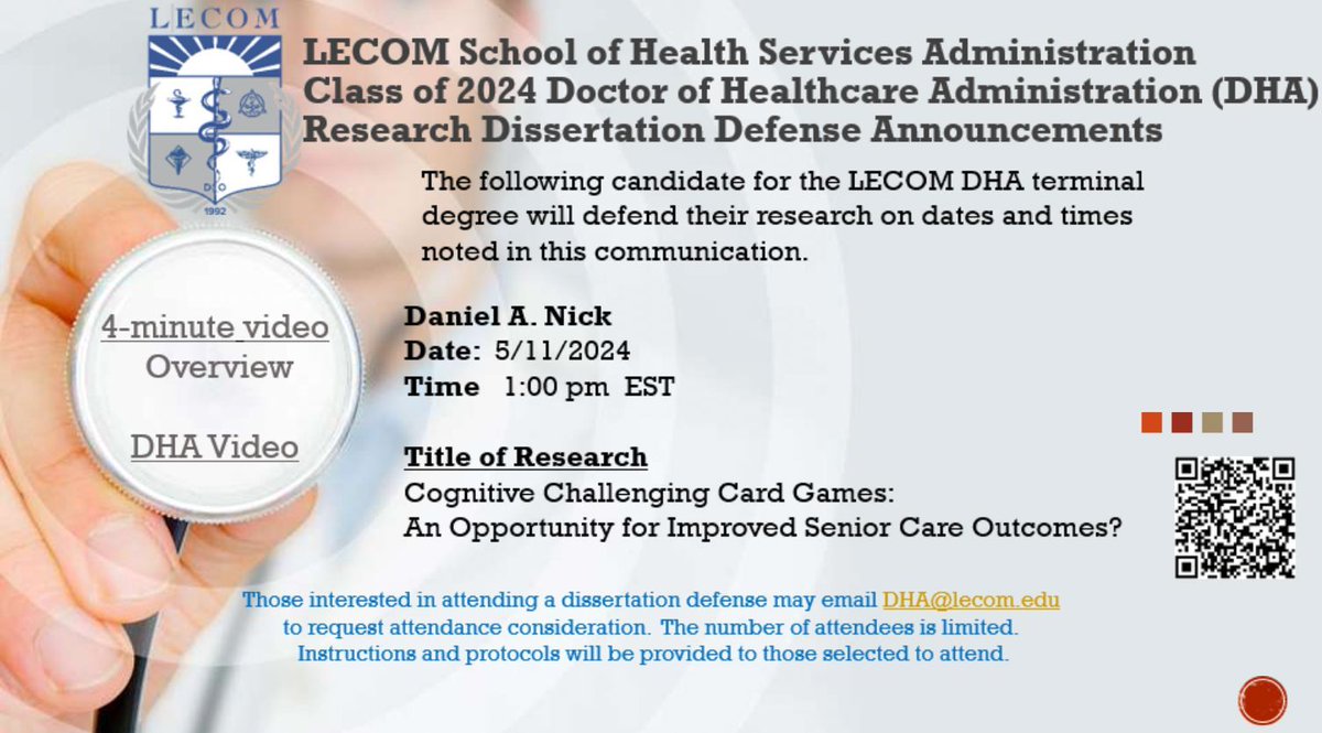 LECOM School of Health Services Administration- Class of 2024 Doctor of Healthcare Administration (DHA) Research Dissertation Defense Announcements