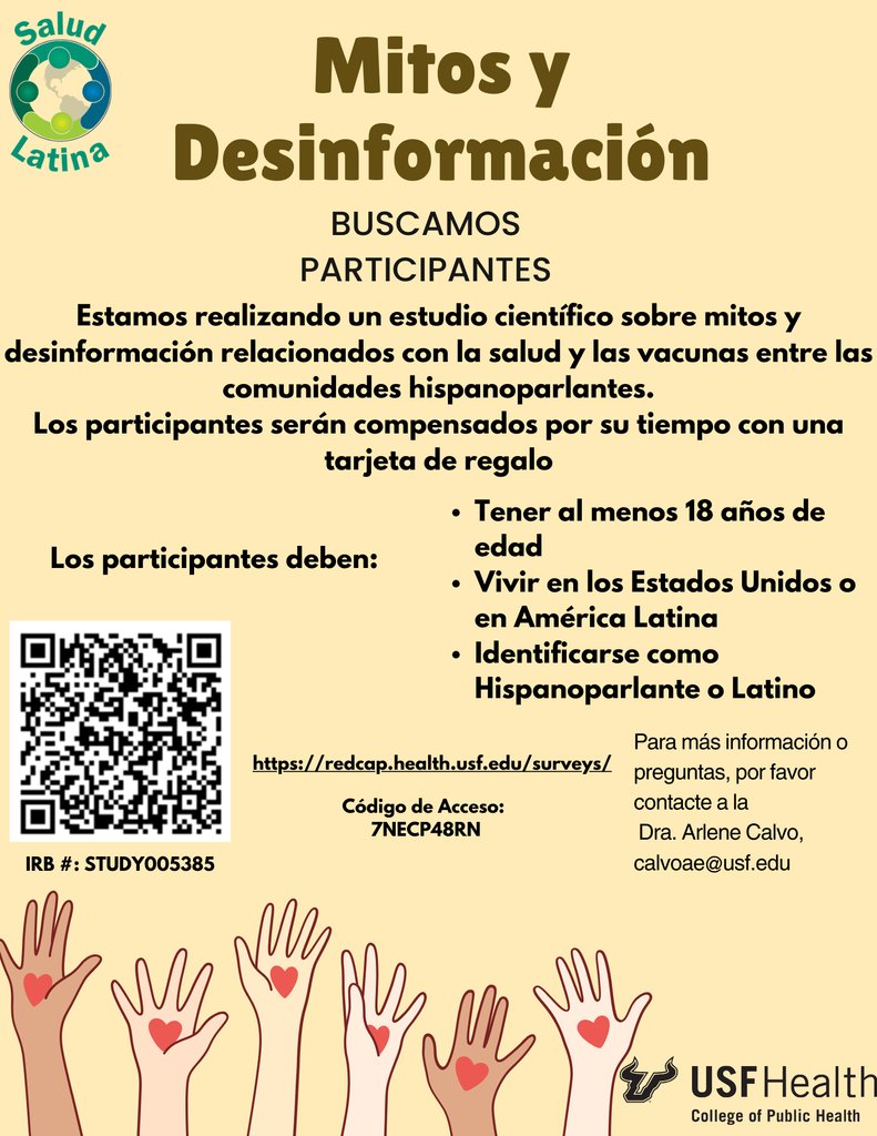 Estamos solicitando su apoyo para completar una encuesta en línea realizada por la iniciativa Salud Latina USF (estudio#005385), sobre mitos y desinformación relacionados a temas de salud. Si pudieran completar la encuesta ¡se lo agradeceríamos mucho!