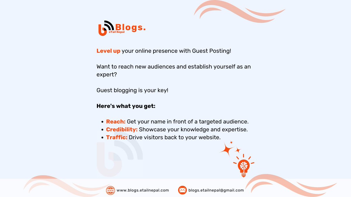 Crafting a killer guest post? We got you!
Don't miss out on these benefits! Contact us today to learn more about guest posting opportunities. 📷
📷 blogs.etailnepal@gmail.com
📷 blogs.etailnepal.com

#contentmarketingtips #guestblogging #guestposting #contentmarketing