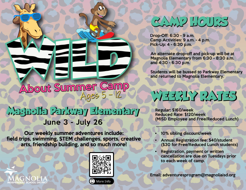 Spots are still available for the Adventures Summer Camp! Students will enjoy arts and crafts, activities and games, field trips, and much more fun all summer long! Learn more and register here: magnoliaisd.org/departments/ch…