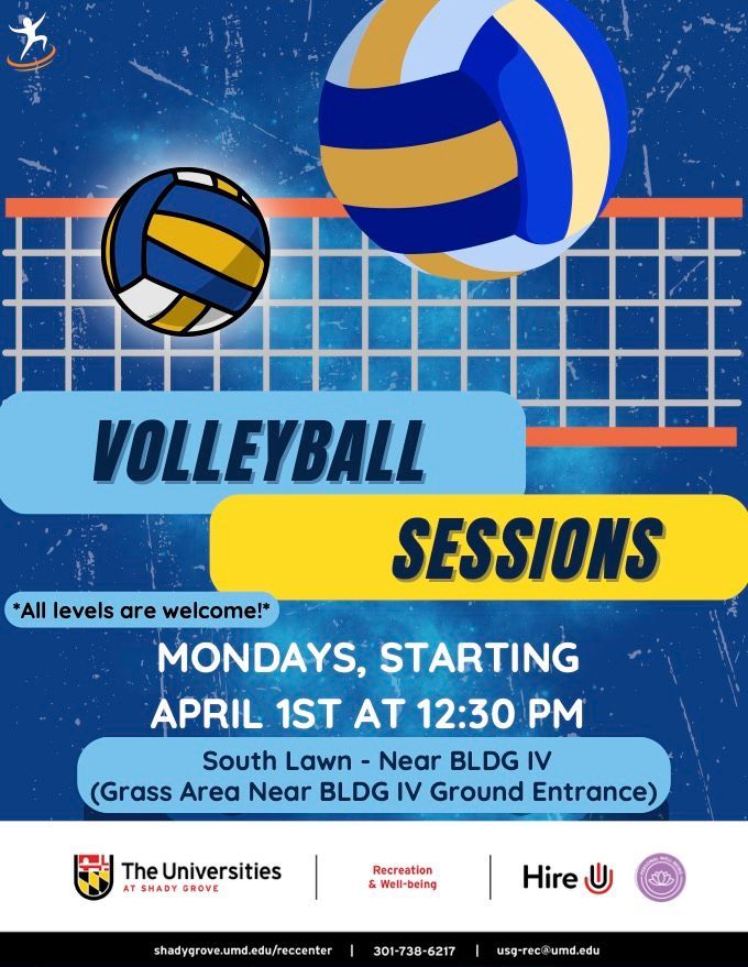 Enjoy the spring weather and improve your personal well-being with outdoor volleyball sessions on Mondays at 12:30pm with USG Recreation & Well-being! All levels are welcome.