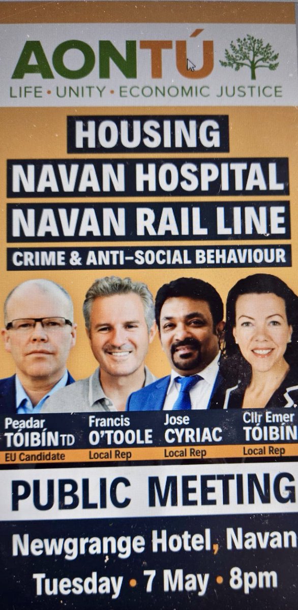 We would love your support next Tuesday evening (May 7th) at 8 pm in the Newgrange Hotel to meet the Navan #LE24 candidates & @AontuIE leader Peadar Tóibín
We need more councillors to hold the Council to account & get far better services/amenities for Navan
#BígíLinn