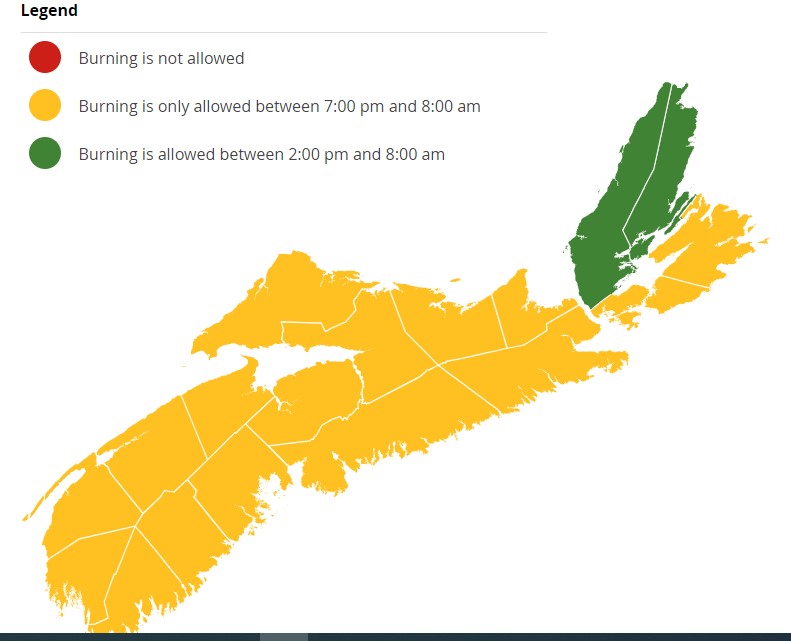 Burning is permitted after 2pm in counties marked in green. Burning is permitted after 7pm in counties marked in yellow. Check before you burn and know your municipal bylaws. novascotia.ca/burnsafe/