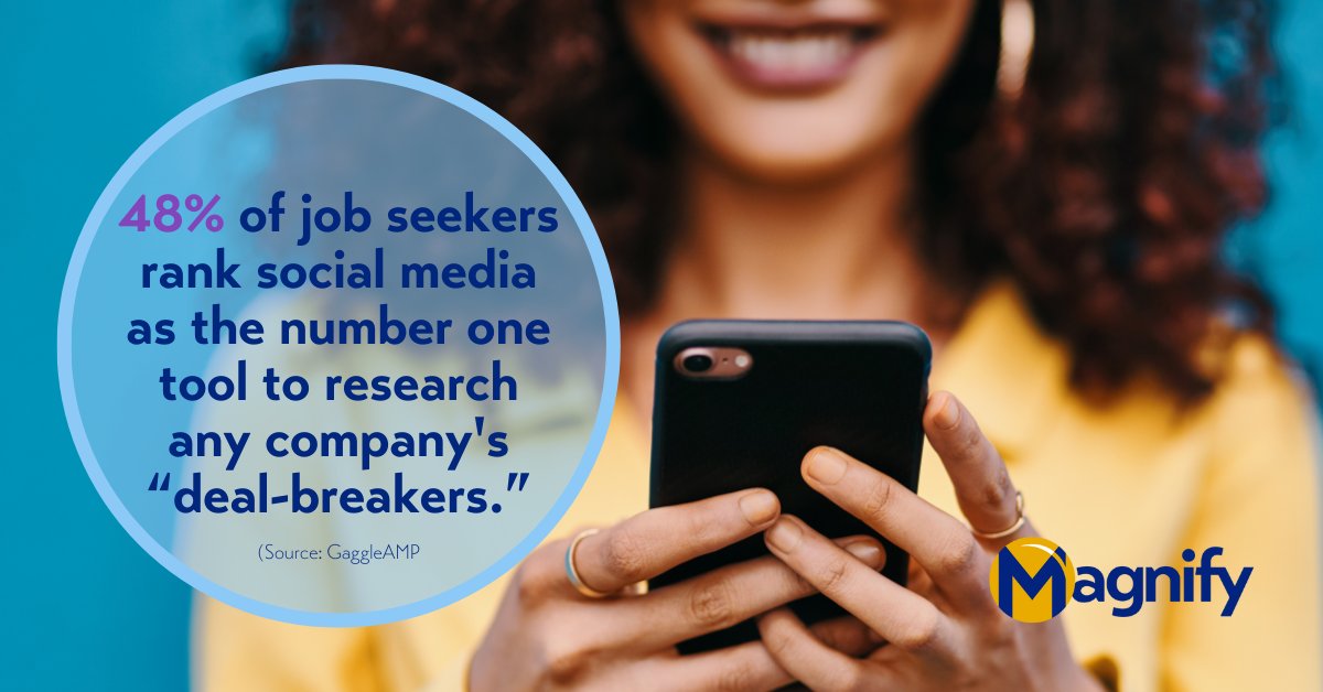 Did you know that 48% of job seekers consider social media their go-to for uncovering a company's 'deal-breakers'? Make sure your online presence aligns with your employer brand to attract top talent.

#Magnify #FutureFocusedFridays #HiringInsights #EmployerBrand