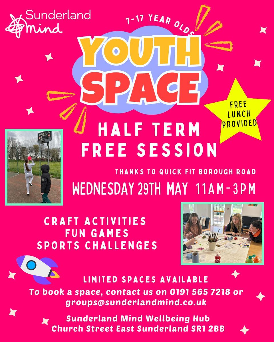 Our Youth Space are hosting a FREE session in May half term full of fun games, craft activities and sports challenges. The session will be on Wednesday 29th of May 11-3pm. Lunch will be provided. Spaces are limited, to book contact groups@sunderlandmind.co.uk on 0191 565 7218.