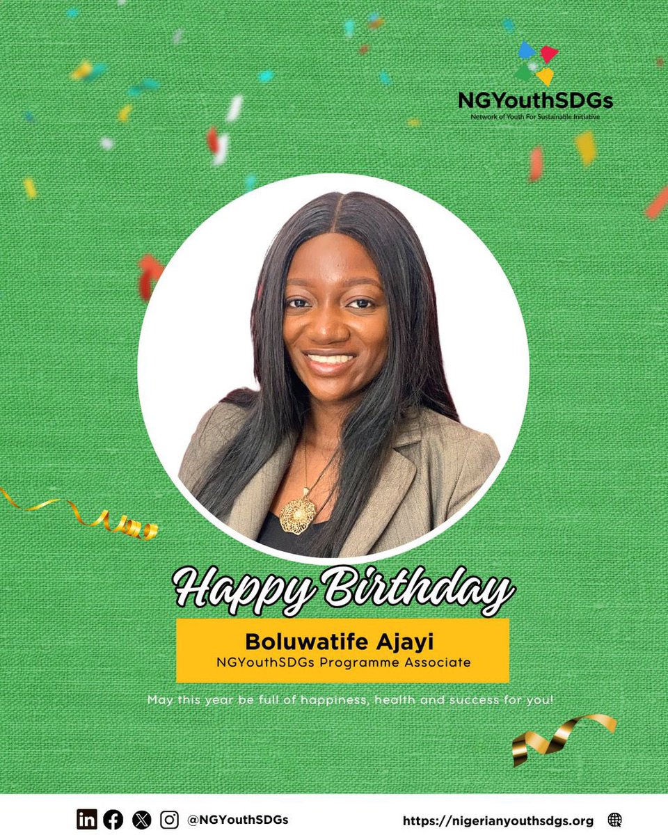 Happy Birthday, to #NGYouthSDGs Programme Associate, Boluwatife Ajayi! 🎉 Your dedication to driving sustainable development through #NGYouthSDGs is truly inspiring. 

💡May your special day be filled with joy, laughter, and all the happiness you deserve. 
 #Youthled