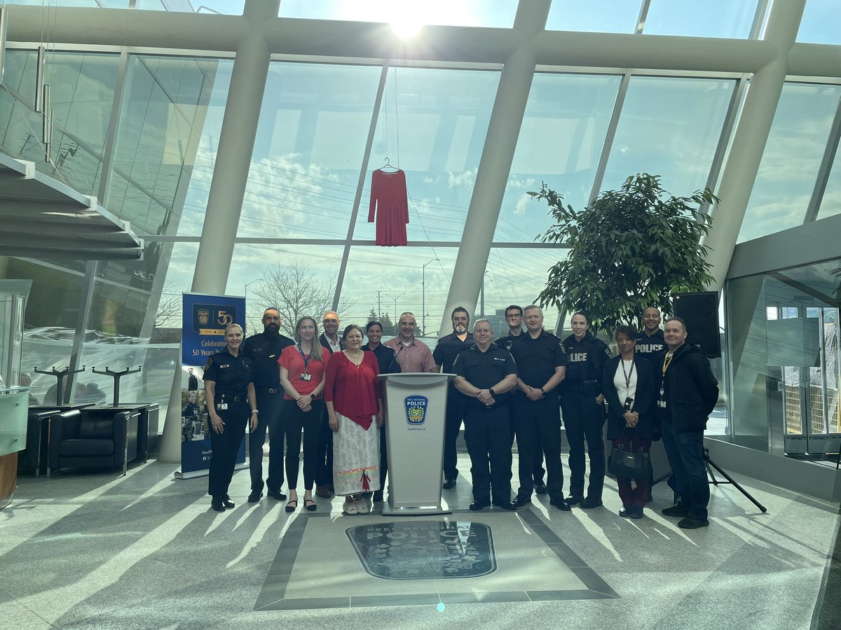 Honouring Indigenous Red Dress day. @PeelPolice Headquarters we honour the missing and murdered Indigenous women and girls, two spirited and gender diverse people by spreading awareness through Red Dress Day. We thank those who attended Hq to support this event.