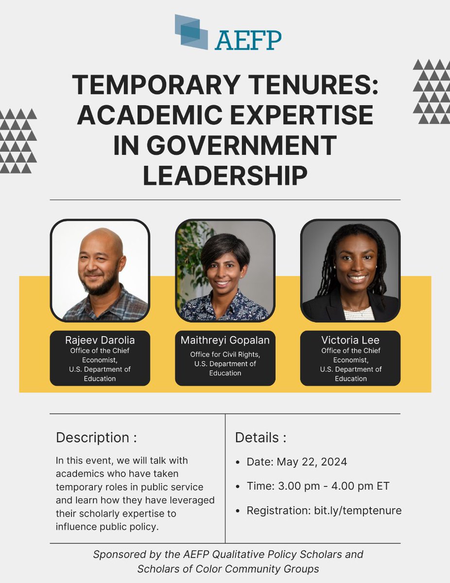 Join the Qualitative Policy & Scholars of Color Community Groups on 5/22 at 3 PM ET for a conversation with faculty & graduate students who take on temporary assignments with the US Department of Education. aefpweb.org/ev_calendar_da…