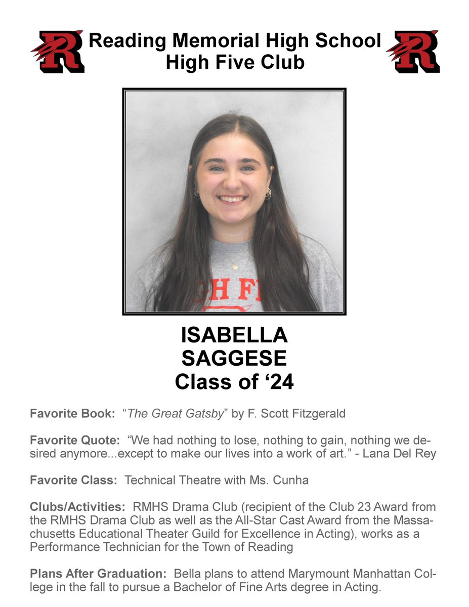 Congratulations to Isabella Saggese on becoming the newest member of the @RocketsRMHS High Five Club! #Classof2024 #GoRockets @TheOrbitofRMHS @ReadingSchools @TownOfReadingMA