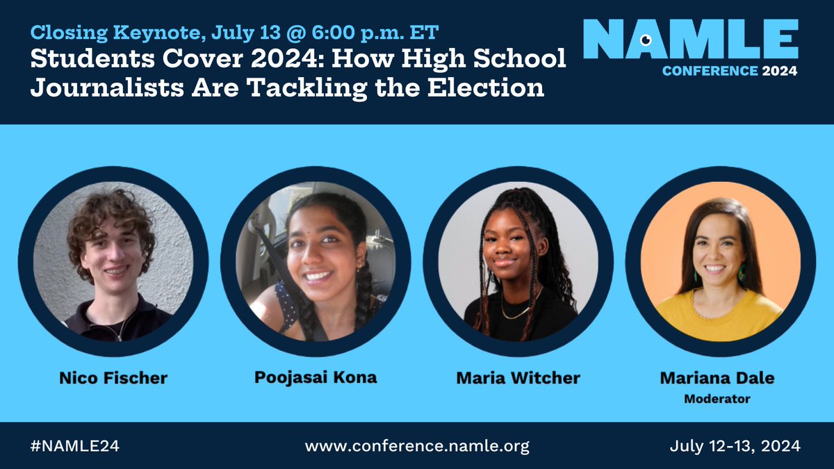 During the #NAMLE24 Closing Keynote, students leading an election podcast with @ReportingLabs will discuss the impact they hope to have on youth this election cycle, how the podcast process has impacted their education & civic engagement, & more 🔗 tinyurl.com/RegisterNAMLE24