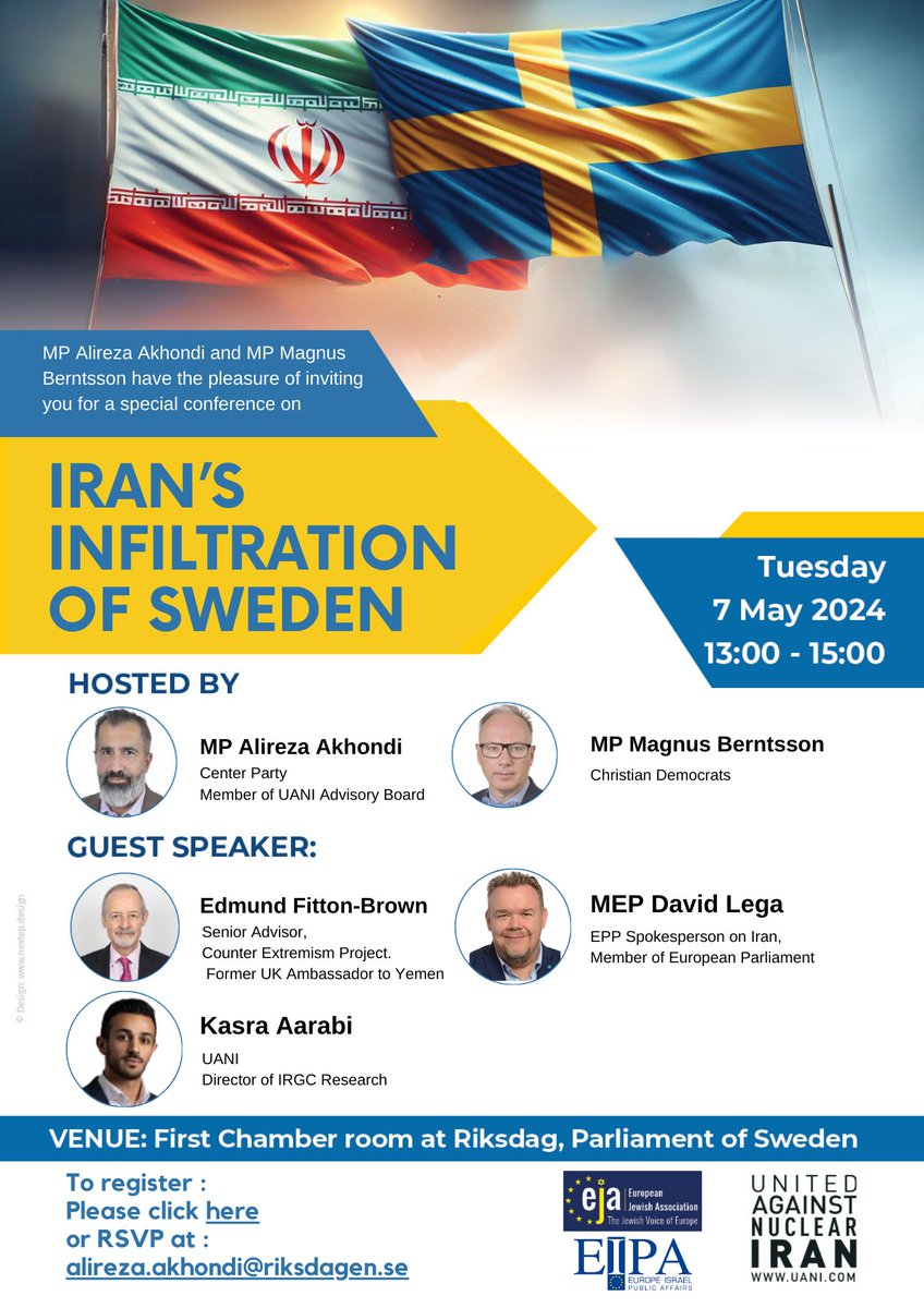 📢THIS TUESDAY! @UANI, in partnership with @EJAssociation, hosts an event @Sverigesriksdag in Stockholm to reveal the results of our investigation into the Iranian regime's infiltration in Sweden. If you're interested in attending, send a DM. Info below.