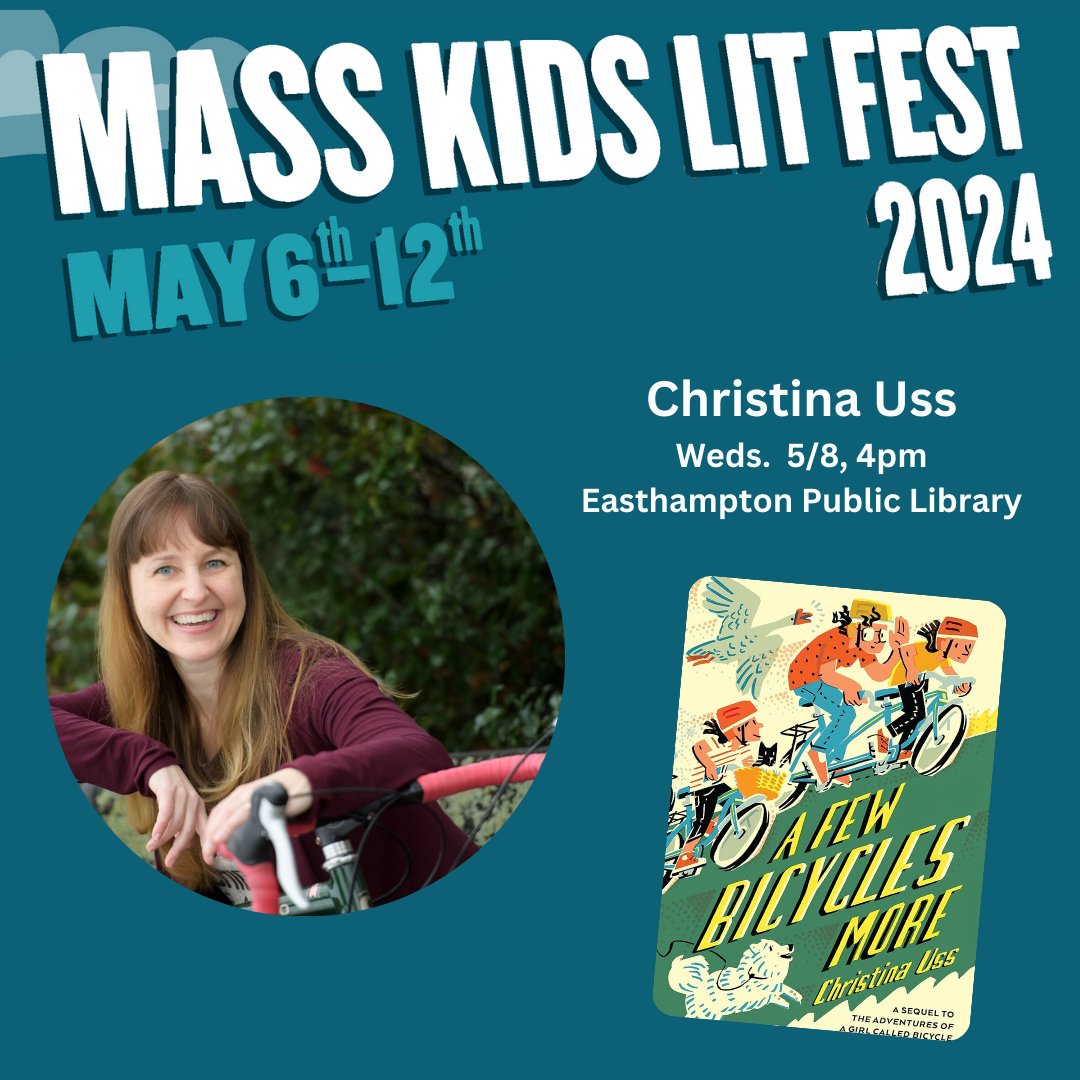 #MassKidsLitFest event @EWMLibrary: #Books & #Bikes workshop w/ #middlegrade #author Christina Uss! Fix a flat & learn about her #bicycle trips & #books! Info: ow.ly/Js6r50RvBOK #ChildrensBookWeek #CenterForTheBook #pioneervalley @MassLibAssoc @mblclibraries @NEIBAbooks