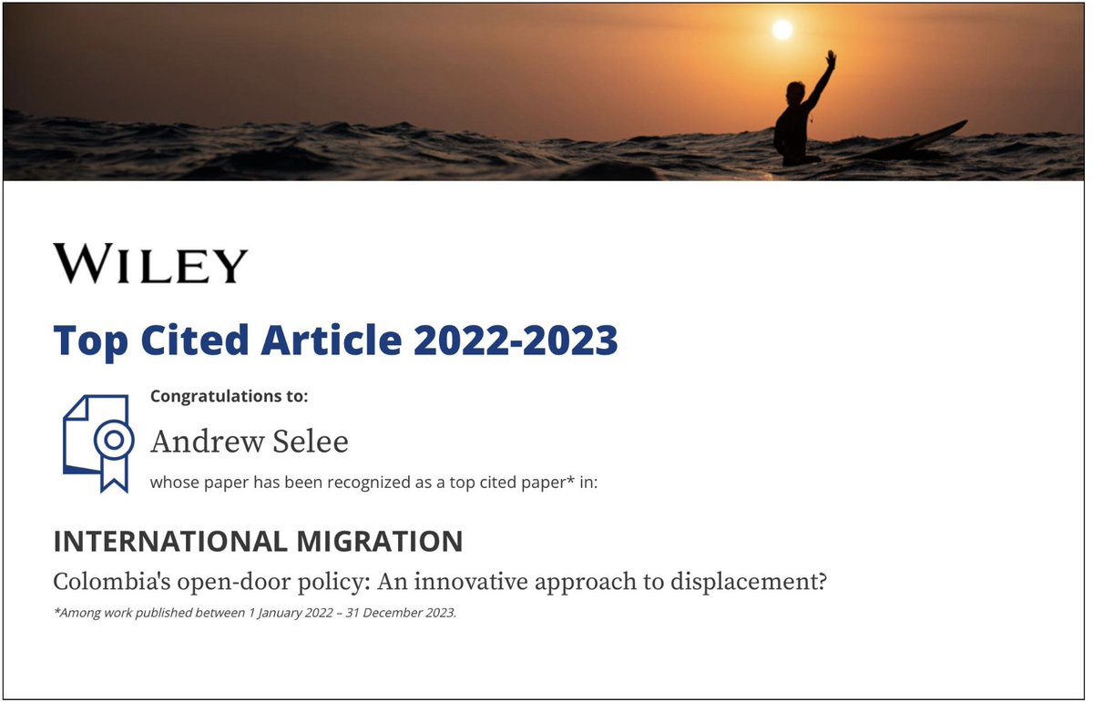 Otro artículo de esta edición especial que ha estado entre los más citados de @IntMig_Journal es 'Colombia's Open-Door Policy: An Innovative Approach to Displacement', cuya autoría corresponde a @SeleeAndrew y @jessicabolter.