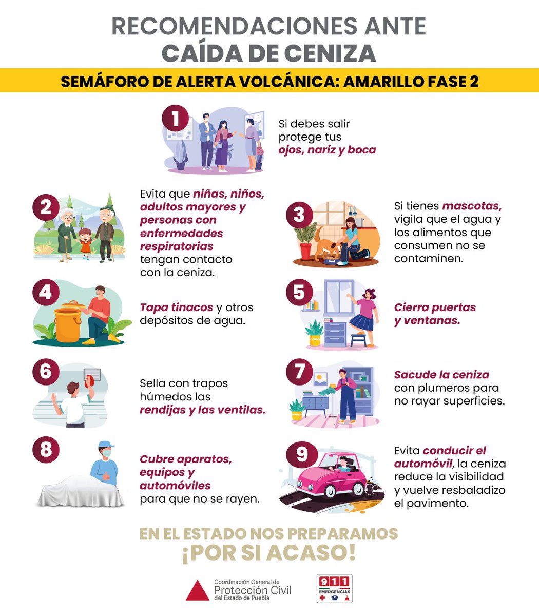 Ante la actividad del #Popocatépetl actúa con responsabilidad. Sigue las recomendaciones de @PC_Estatal: 1️⃣Utiliza cubrebocas 2️⃣Barre y deposita la ceniza en bolsas 3️⃣Resguarda a animales de granja y de compañía