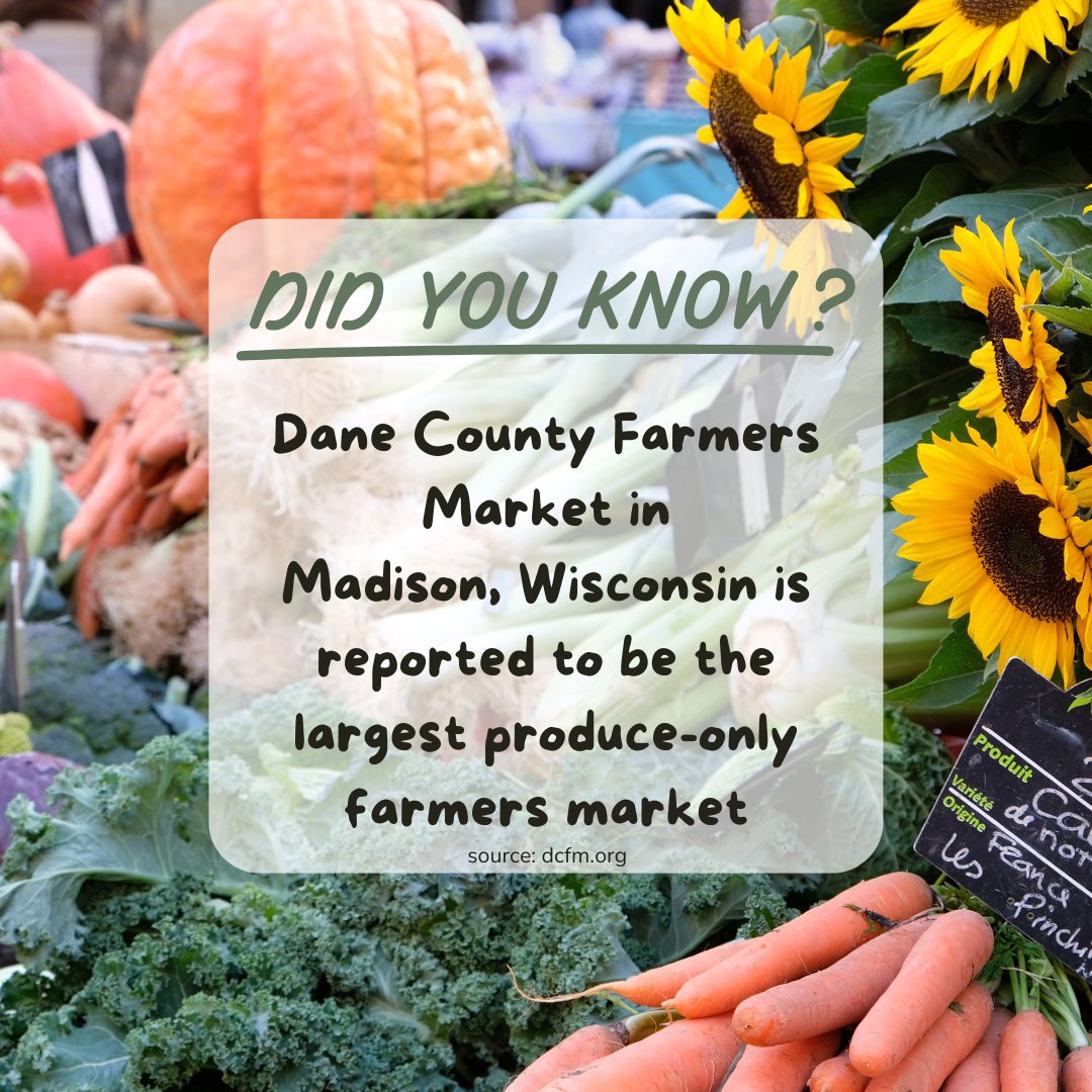 Dane County Famers Market is reportedly the largest produce-only farmers market in the US.  Running April to November, they sell agricultural-related, producer-only products from Wisconsin from 220 vendors.  #findhomegrown #funfacts #farmersmarkets