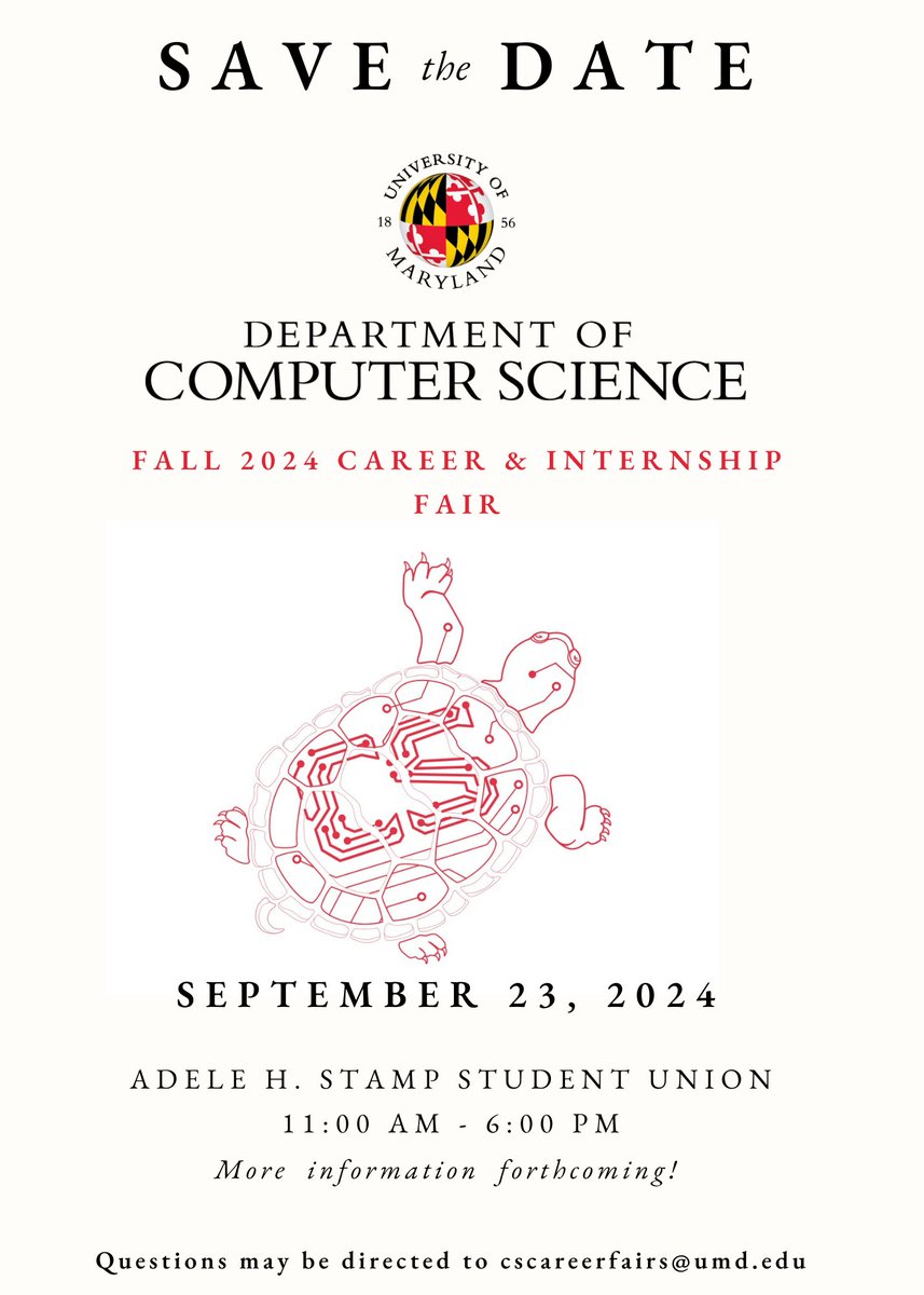 📢 Calling all companies! Join us for the @UofMaryland CS Career & Internship Fair on Sept 23, 2024. It's the perfect opportunity to connect with top tech talent! Save the date #UMD #CareerFair