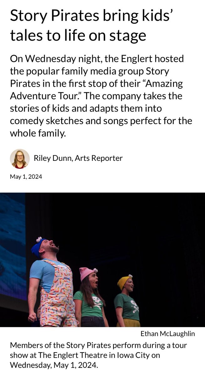Thank you @TheDailyIowan and @Riley_Nicole7 for coming to the show! 😺🎶 Next up, Plainfield, IN then Milwaukee, Skokie, Madison, and Joliet! Tickets at storypirates.com/live The Amazing Adventure Tour is proudly sponsored by @carnegiehall Kids