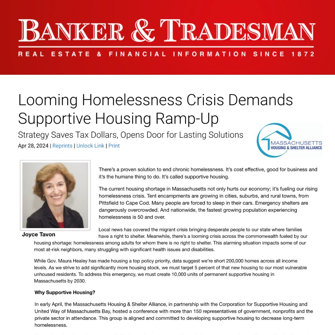 Great piece in @BankerTradesman by MHSA’s CEO Joyce Tavon on the importance of supportive housing. The current housing shortage in MA doesn’t just harm the economy; it fuels the housing crisis, and the fastest-growing population experiencing homelessness is adults 50+.