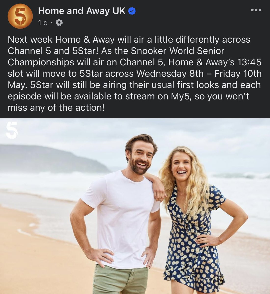 ‼️Channel5 Schedule Changes‼️

Does anyone watch #HomeandAway at 1:45pm on Channel5? 

If so, please note that there are schedule changes next Weds to Fri (8-10th May).

For those 3 days, the snooker will be on Channel5. But you can watch Home and Away at 1:45pm on 5STAR instead