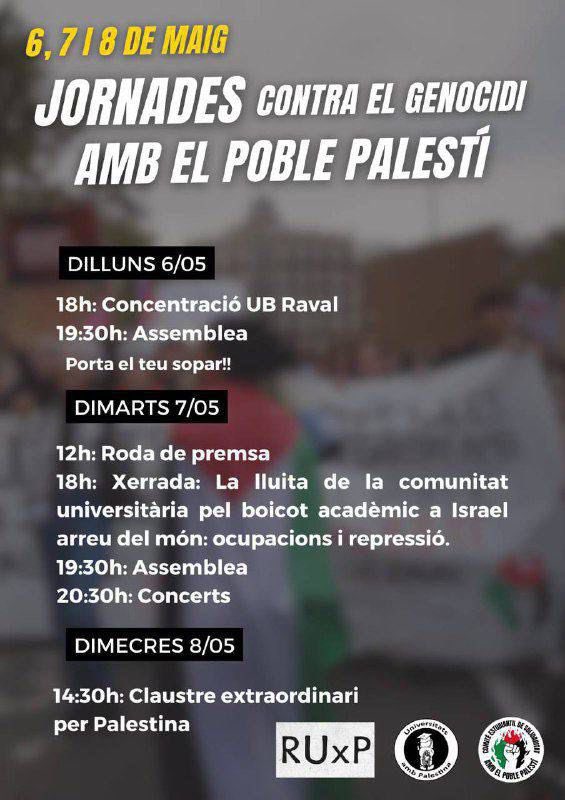 Estudiants i personal de la UB @UniBarcelona es sumaran a les acampades internacionals en solidaritat amb #Gaza i Palestina a partir de dilluns. La UAB @UABBarcelona ho decidirà també la setmana que ve.