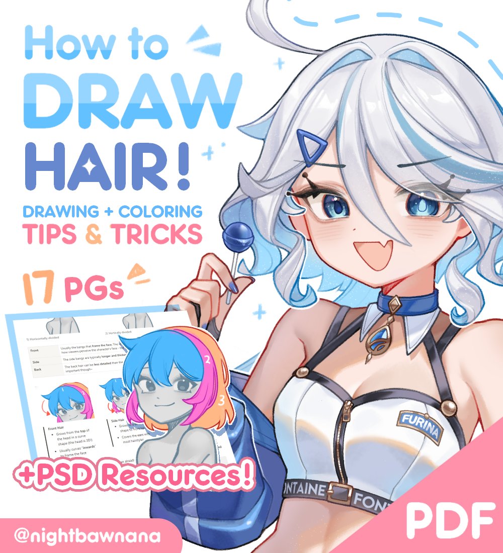 🎨💇‍♀️HOW TO DRAW HAIR 【Tips & Tricks】 finally, everything you need to know about how i draw hair condensed into a PDF guide by yours truly 🫶 i hope these resources will be helpful~ ( •̀ ω •́ )✧ you can get it on my ko-fi here 🤍 ko-fi.com/bawnana/shop