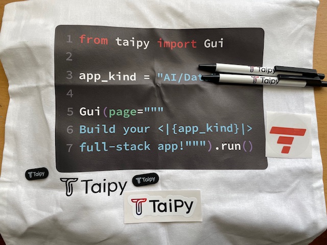 I love #swag and #Taipy knows it 🤩 Thanks for this wonderful bag filled with goodies 🥳 #python #fullstack #gui #devrel cc <a href="/Taipy_io/">Taipy.io</a>  <a href="/themaringoss/">Marine Gosselin</a>  <a href="/Rymguerbi/">Rym Guerbi Michaut</a>