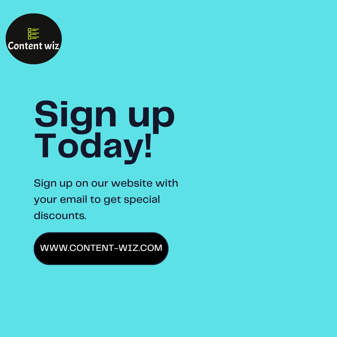 Get Special Discounts!
Join Content Wiz and get great discounts on our best writing services!
 Sign up on our website with just your Name and Email and get special discounts even lower than our premium rates.

Click this link: content-wiz.com/sign-up 

#SignUpNow #ContentWiz