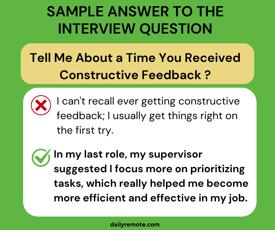 How to answer the interview question 'Tell Me About a Time You Received Constructive Feedback'? dailyremote.com/advice/how-to-… #interviewtips #jobinterview #careeradvice #constructivefeedback #jobsearch #interviewprep #communication #remotework #workfromhome