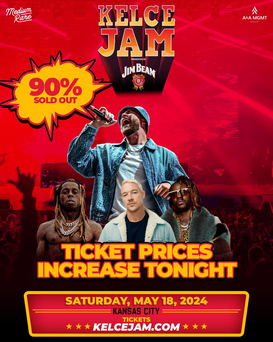 ‼️ TICKET PRICES INCREASE TONIGHT ‼️ Get your tickets to Kelce Jam Presented by @JimBeam and witness performances by @LilTunechi, @diplo, @2chainz and more before ticket prices increase tonight at 11:59PM CT! Buy now at KelceJam.com before they sell out!