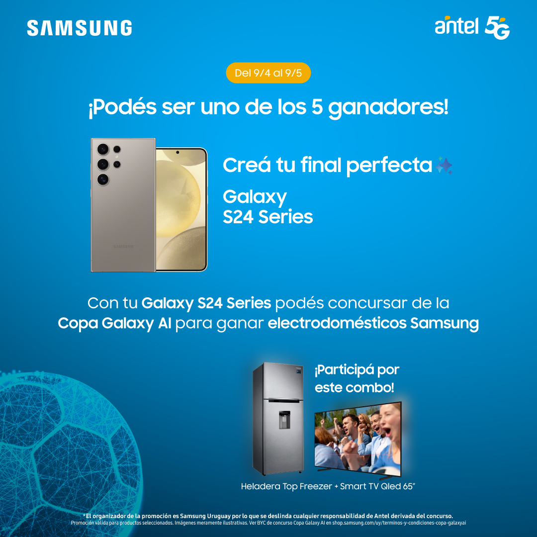 Con tu Galaxy S24 podés concursar de la copa Galaxy AI y ser uno de los 5 ganadores de increíbles electrodomésticos Samsung. +info en 👉 bit.ly/CopaGalaxyAI