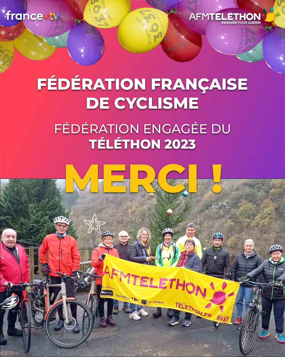 Mobilisation des clubs et des licenciés pour le #Téléthon2023 ! 

Un grand merci à la @FFCyclisme d’être à nos côtés 💛