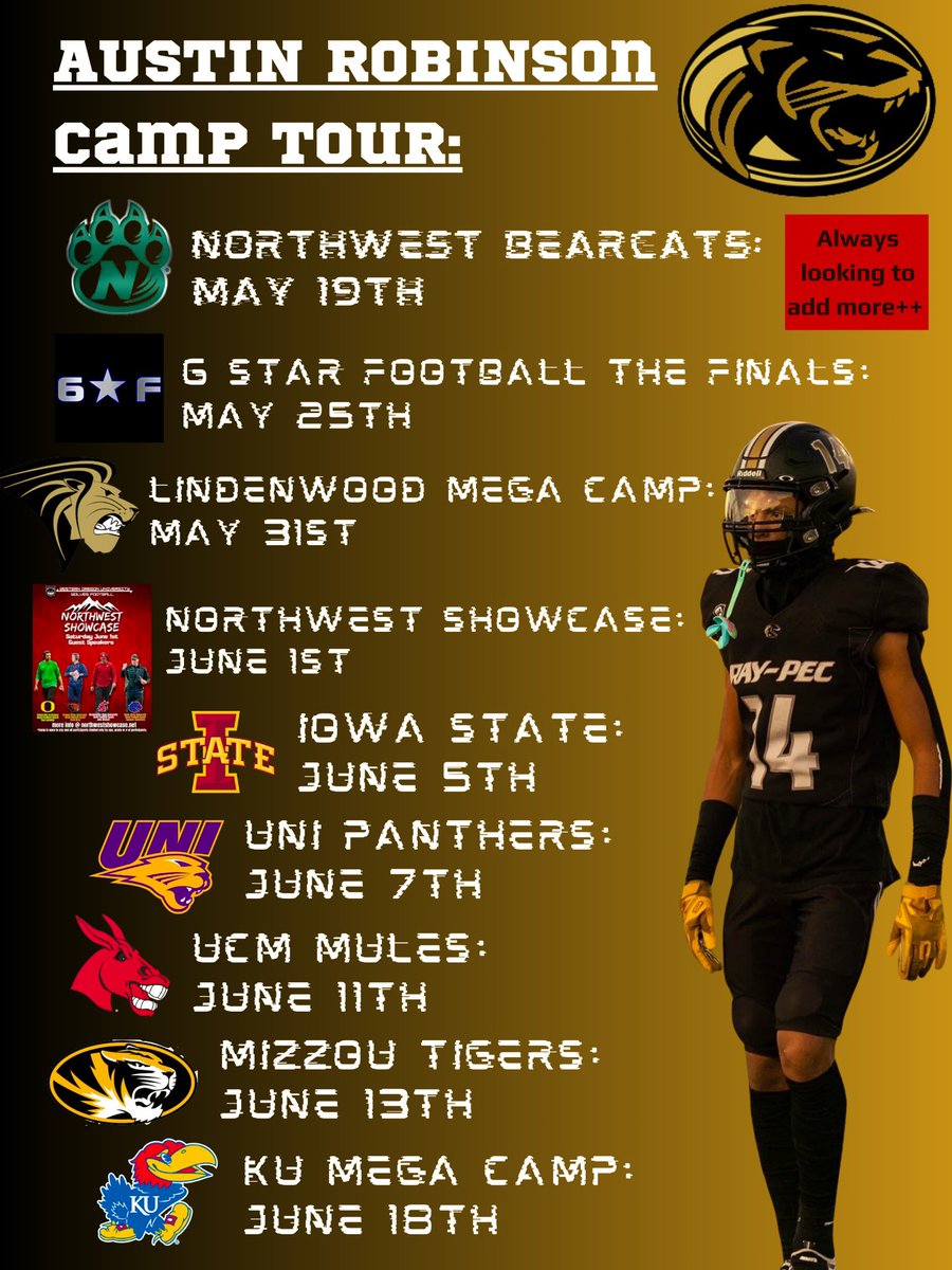 Check out my 2024 camp tour schedule‼️‼️‼️ #Thankful for my mom for taking me and paying for these camps. @jmerobinson Always looking to add more➕➕ @EMP1RE7v7 @JPRockMO @SAMIEPARKER