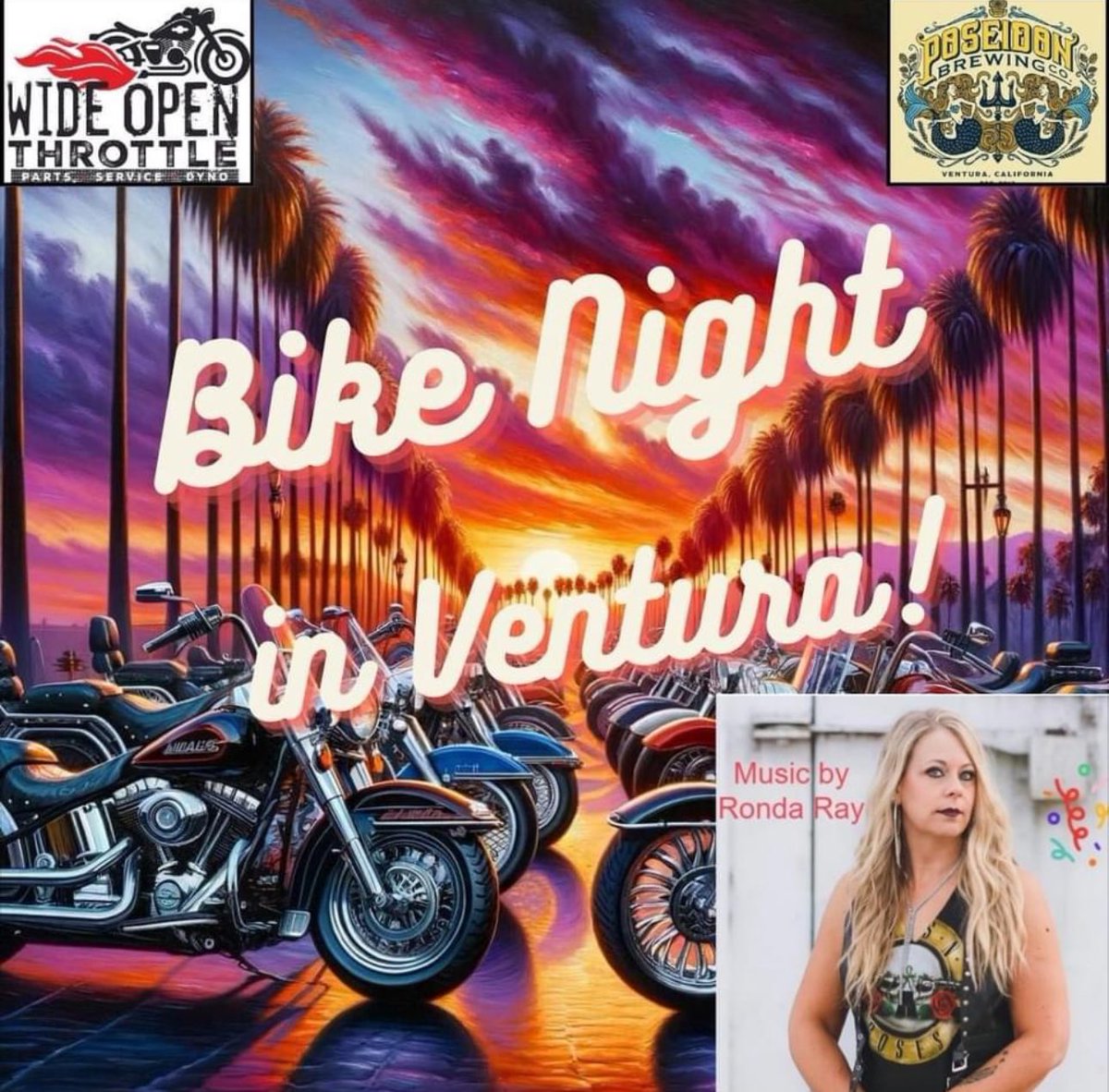 Bike night is back at Poseidon Brewing Co in Ventura, CA May 24 at 6pm! Hosted by veteran owned, Wide Open Throttle. Food truck by Woodstock Farina Pizza. Live music by award winning rock artist, Ronda Ray. Bring your friends, rev your engines and let’s have a great time!