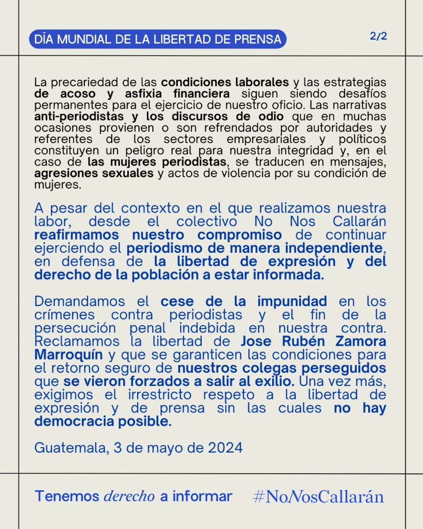 #NoNosCallarán - Hoy cuando se conmemora el Día Mundial de Libertad de Prensa recordamos que 26 colegas se encuentran en el exilio y que Jose Rubén Zamora lleva 664 días en prisión preventiva. ¿Tanta rabia le tienen? @NoNosCallaranGT